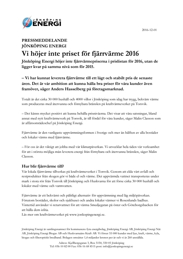 Vi höjer inte priset för fjärrvärme 2016