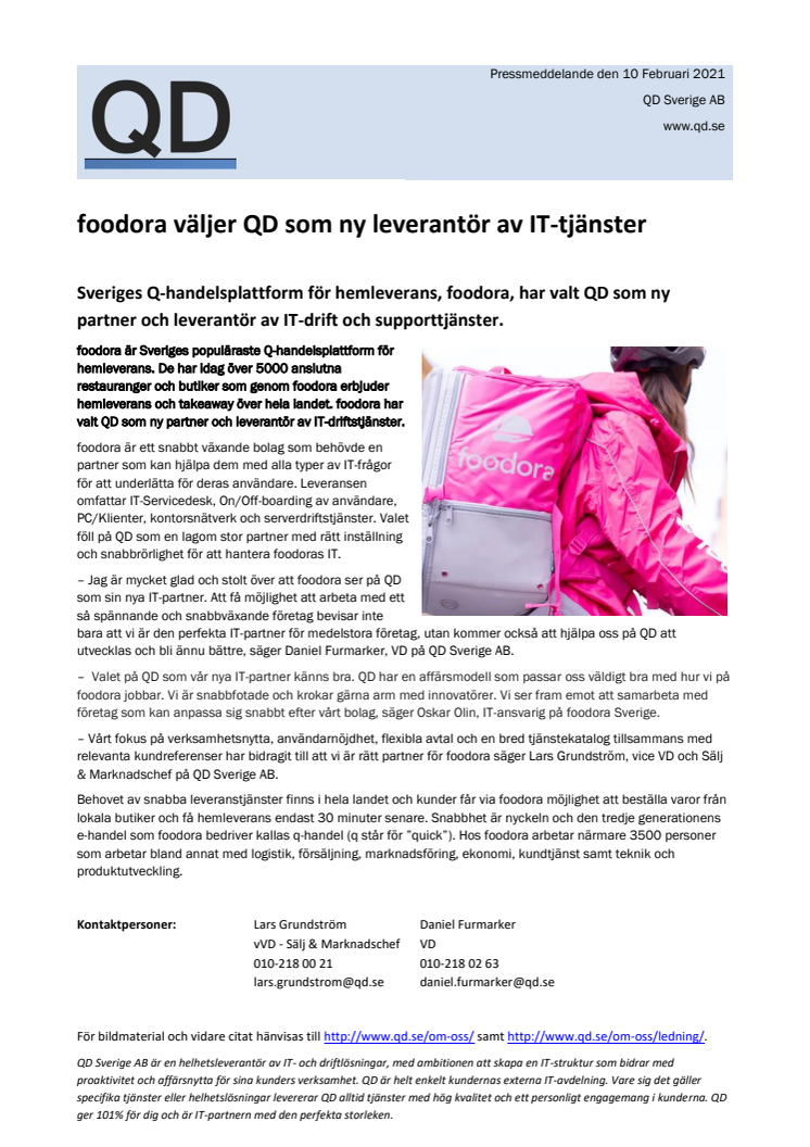 foodora väljer QD som ny leverantör av IT-tjänster!