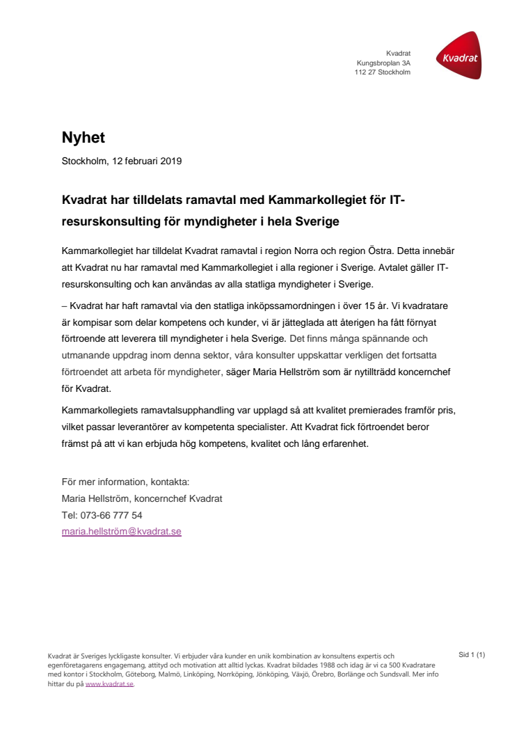 Kvadrat har tilldelats ramavtal med Kammarkollegiet för IT-resurskonsulting för myndigheter i hela Sverige