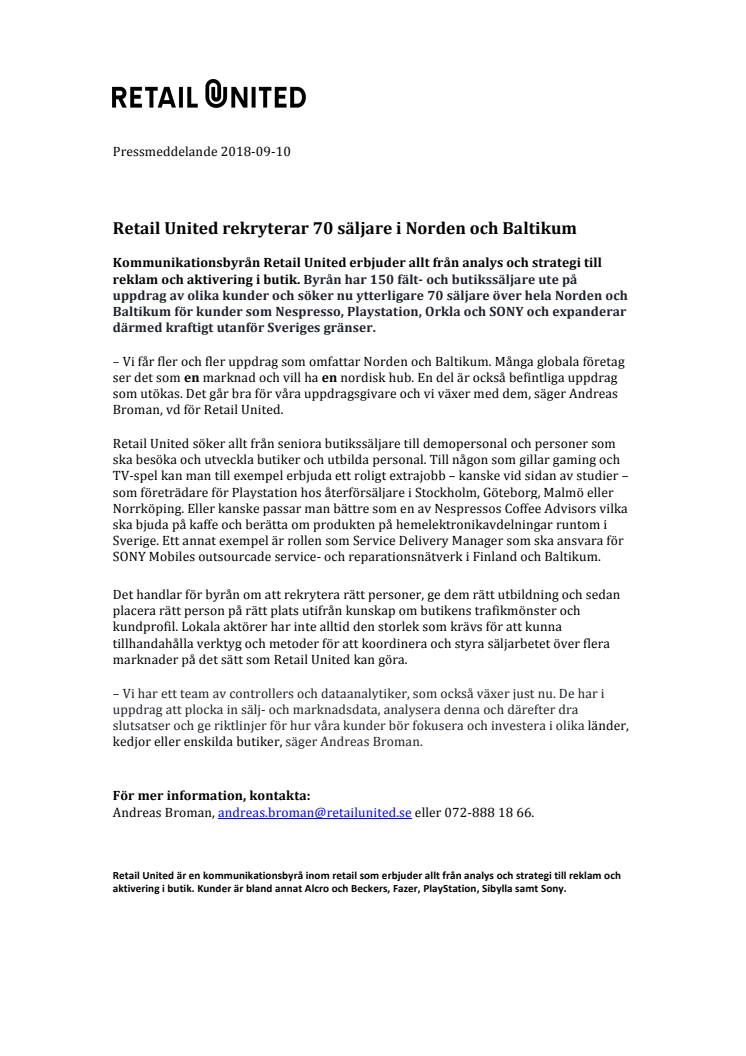 Retail United rekryterar 70 säljare i Norden och Baltikum