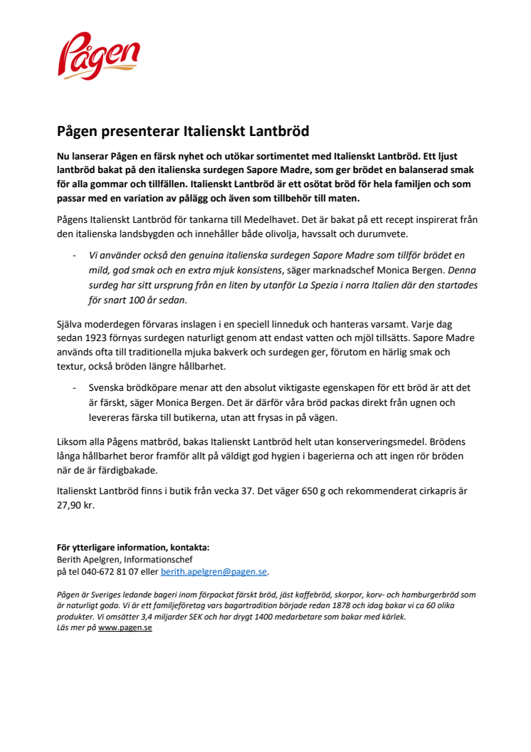 Pågen presenterar Italienskt Lantbröd 