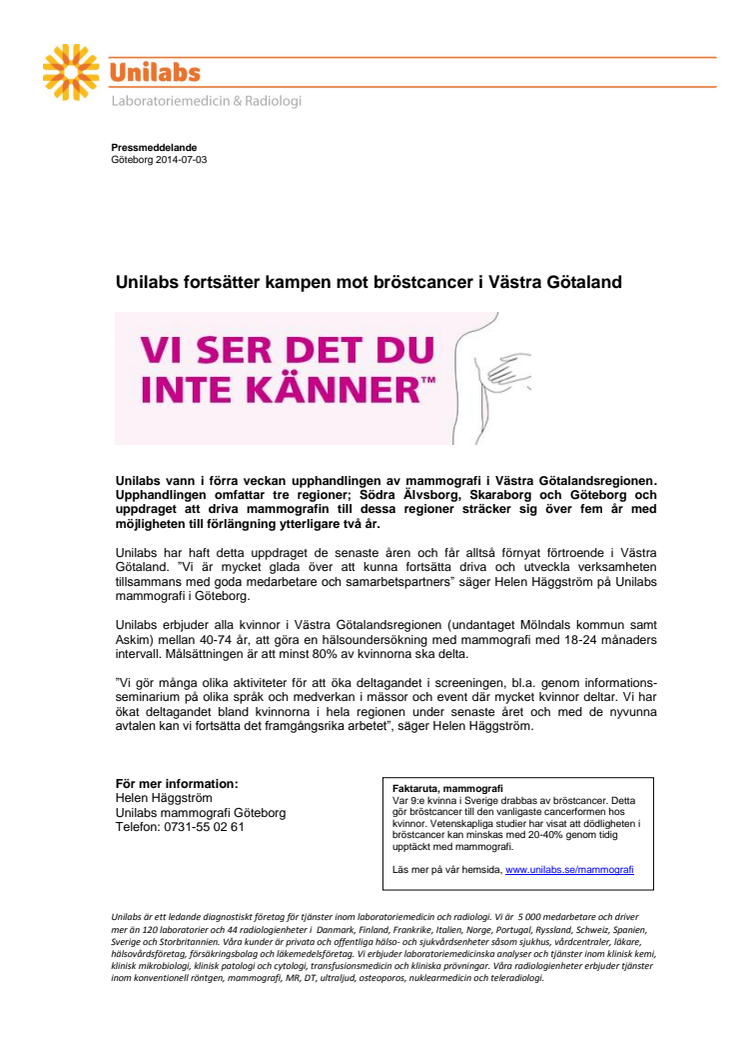Unilabs fortsätter kampen mot bröstcancer i Västra Götaland
