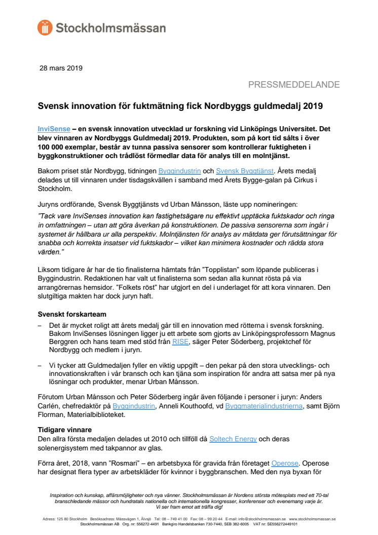 Svensk innovation för fuktmätning fick Nordbyggs guldmedalj 2019