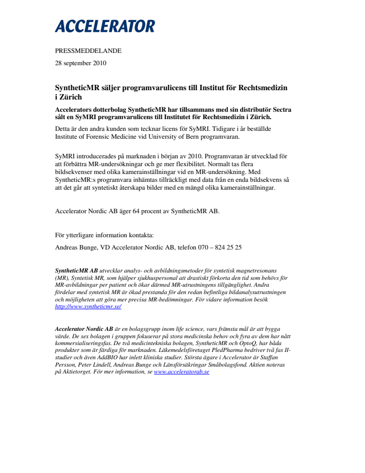 SyntheticMR säljer programvarulicens till Institutet för Rechtsmedizin i Zürich