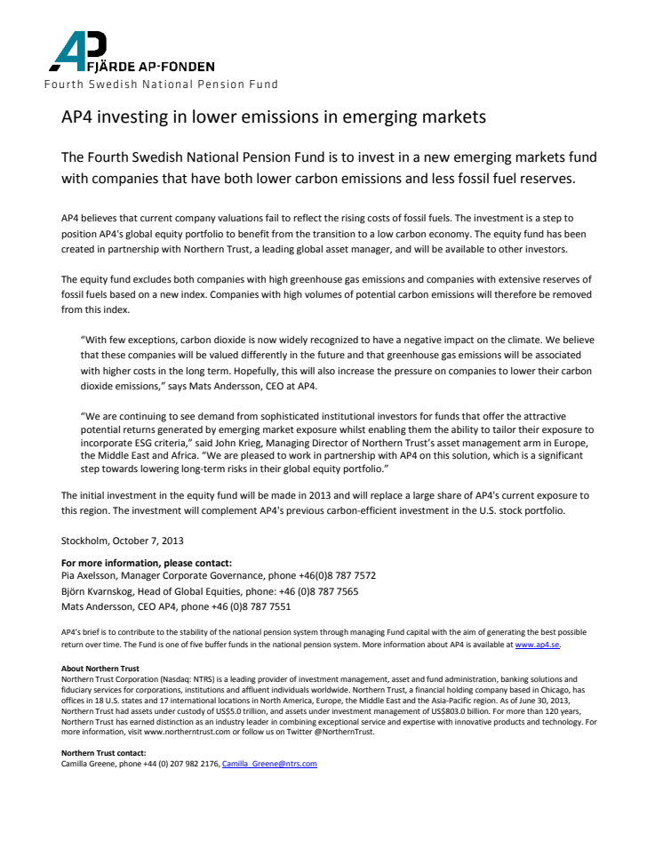 AP4 invests in lower emissions in emerging markets