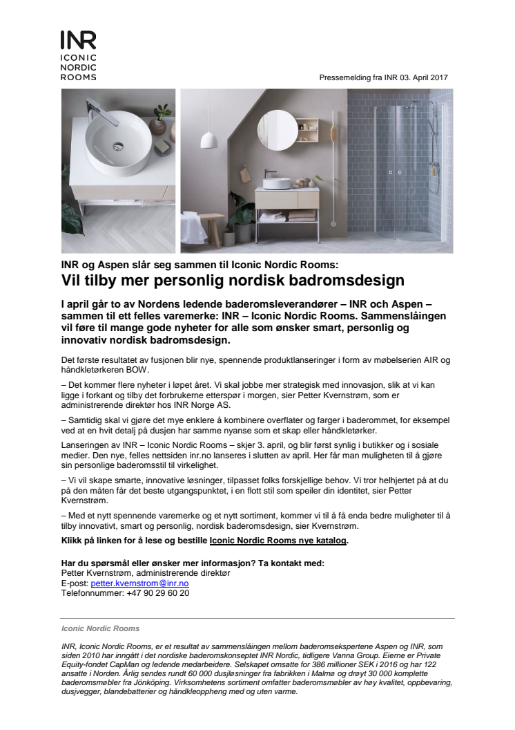 INR og Aspen slår seg sammen til Iconic Nordic Rooms: Vil tilby mer personlig nordisk badromsdesign 