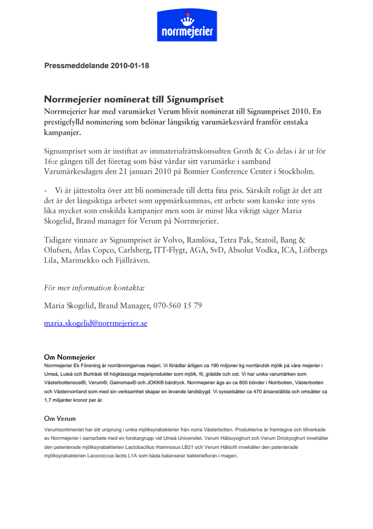 Norrmejerier nominerat till Signumpriset