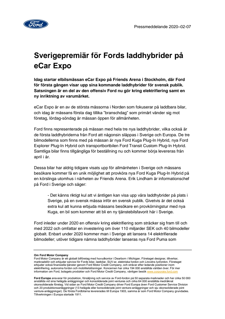 Sverigepremiär för Fords laddhybrider på eCar Expo