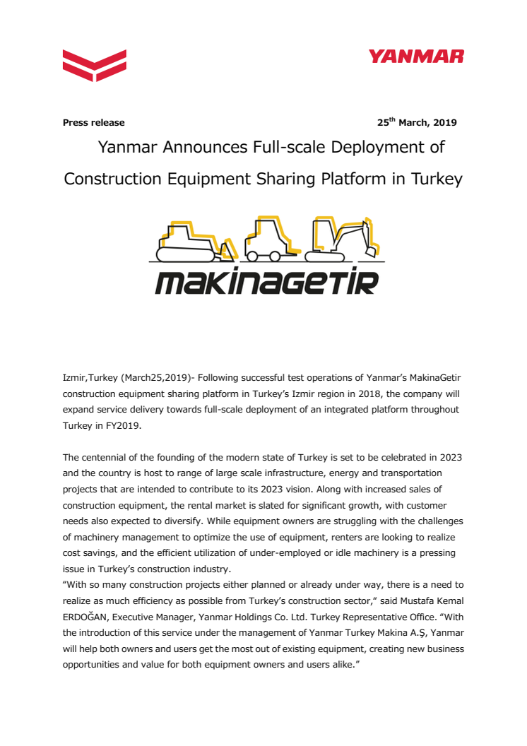 Yanmar Announces Full-scale Deployment of Construction Equipment Sharing Platform in Turkey