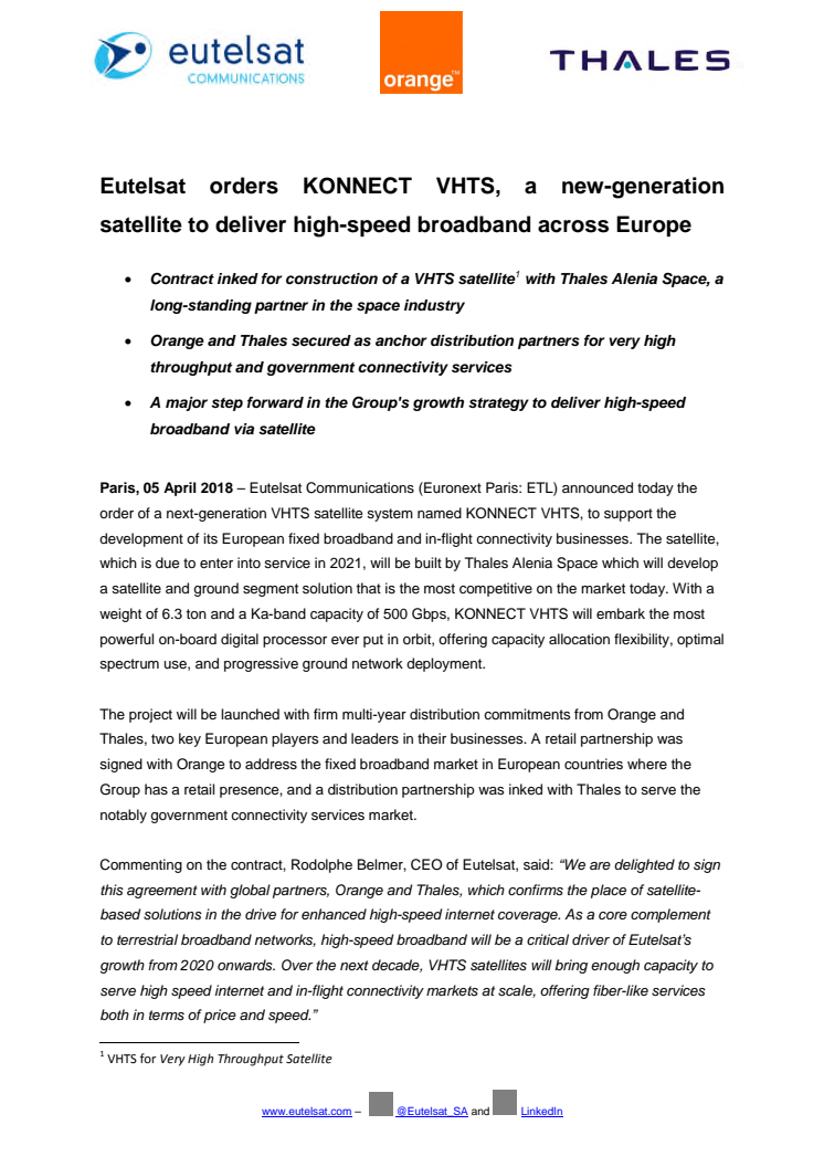 Eutelsat orders KONNECT VHTS, a new-generation satellite to deliver high-speed broadband across Europe 