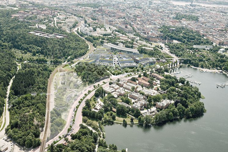 Campus Albano, flygperspektiv mot staden, Stockholm