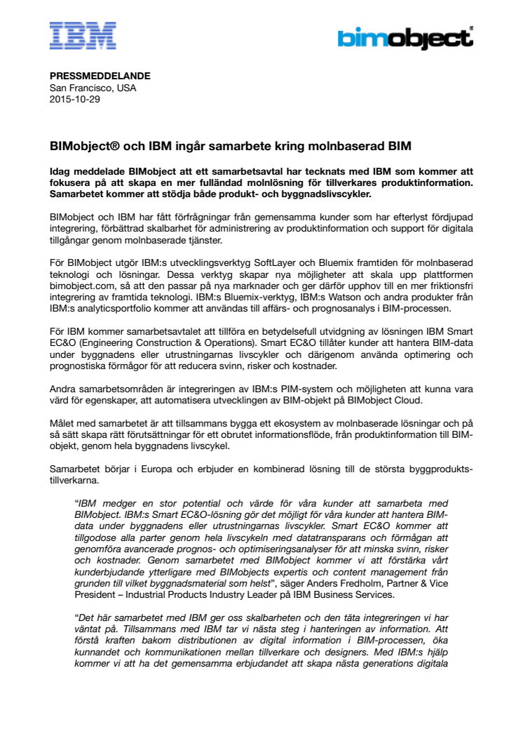  BIMobject® och IBM ingår samarbete kring molnbaserad BIM