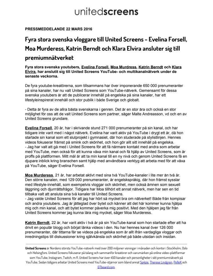 Fyra stora svenska vloggare till United Screens - Evelina Forsell, Moa Murderess, Katrin Berndt och Klara Elvira ansluter sig till premiumnätverket