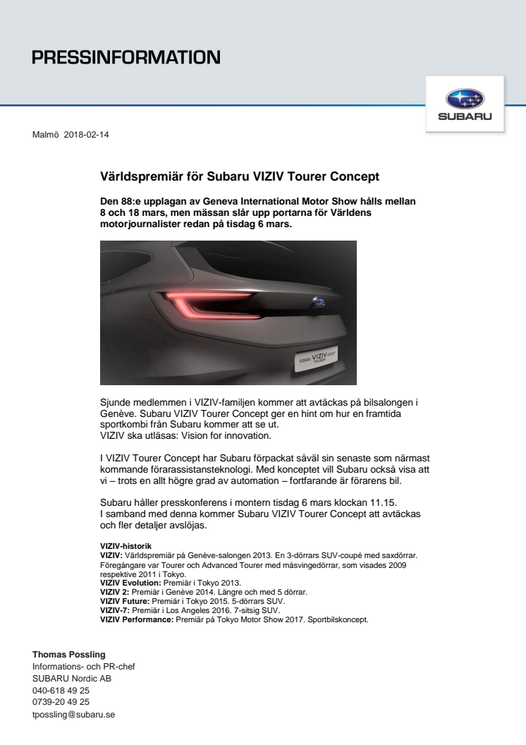 Världspremiär för Subaru VIZIV Tourer Concept