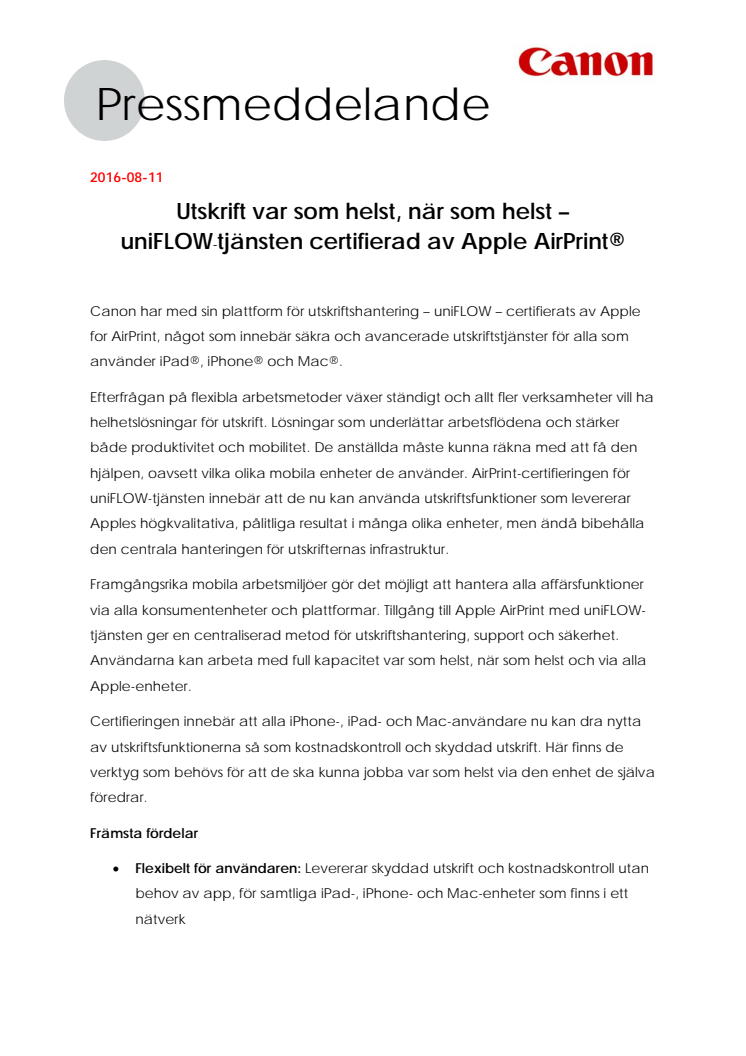 Utskrift var som helst, när som helst – uniFLOW tjänsten certifierad av Apple AirPrint®