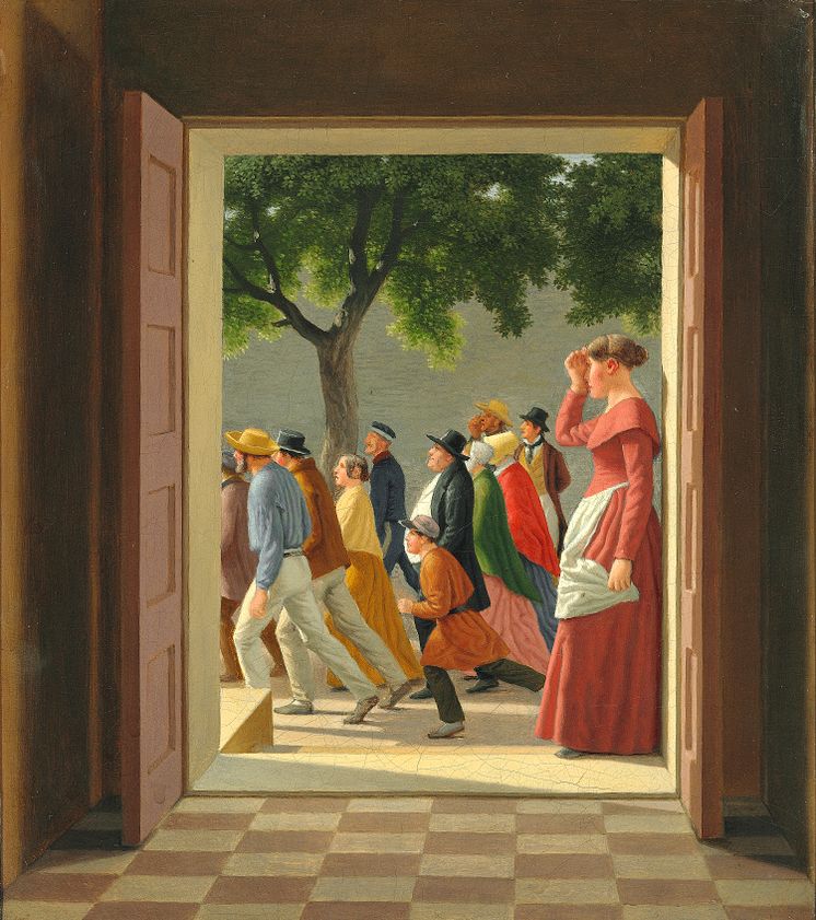 C.W. Eckersberg: "Udsigt gennem en Dør til løbende Figurer" (1845)