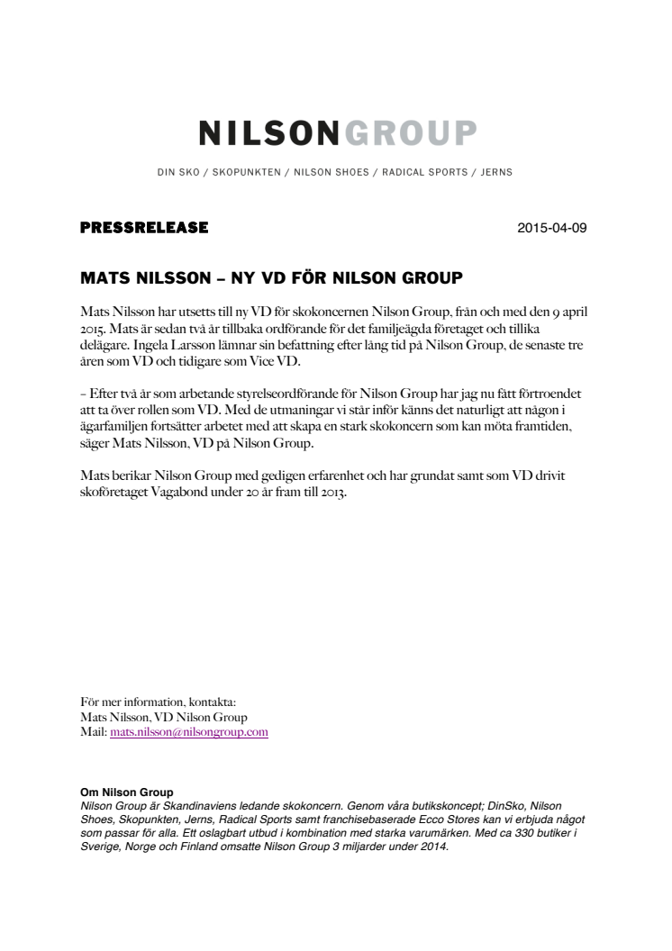 MATS NILSSON – NY VD FÖR NILSON GROUP