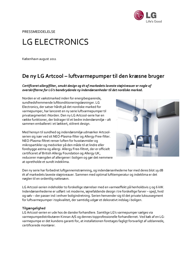 De ny LG Artcool – luftvarmepumper til den kræsne bruger