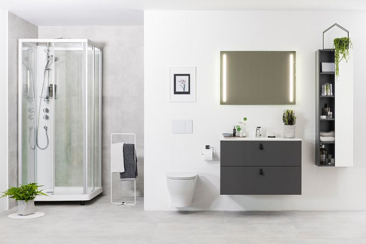 IDO Elegant -alakaappi ja -pesuallas, IDO Rimfree 66 -wc-istuin, IDO Showerama 10-5 -suihkukaappi