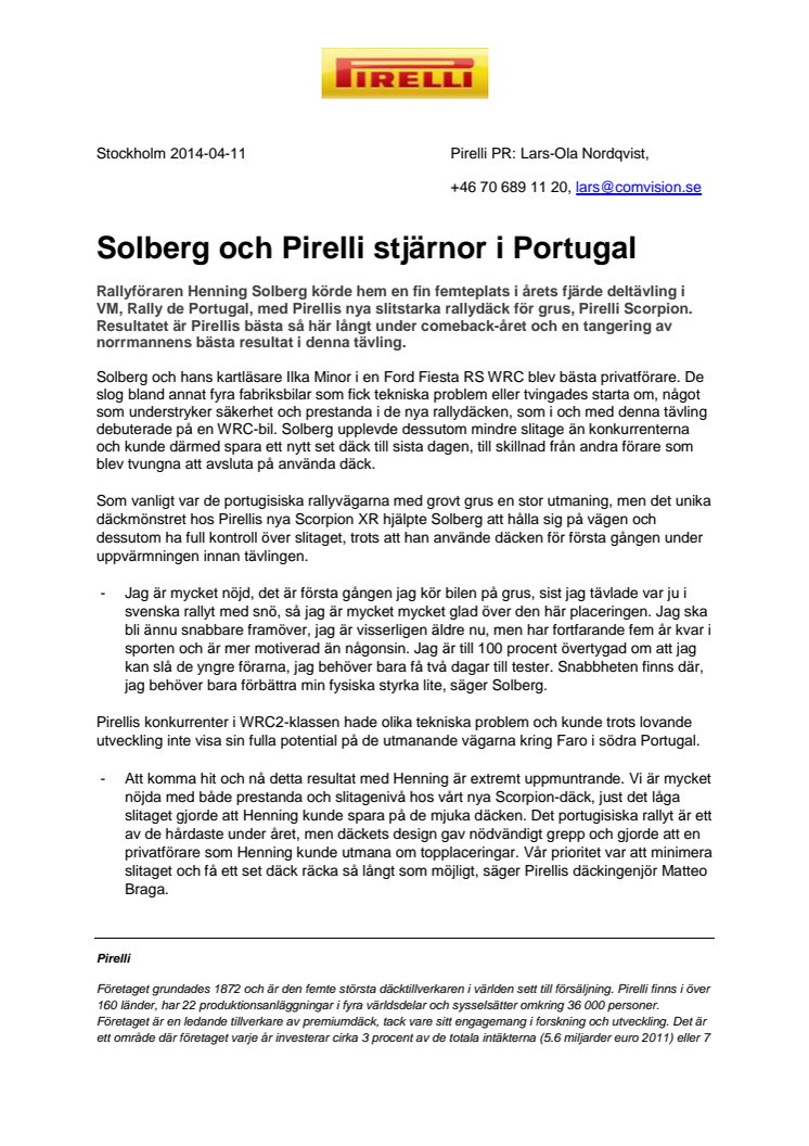 Solberg och Pirelli stjärnor i Portugal