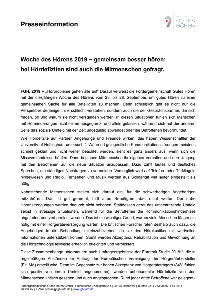 Woche des Hörens 2019 – gemeinsam besser hören: bei Hördefiziten sind auch die Mitmenschen gefragt.