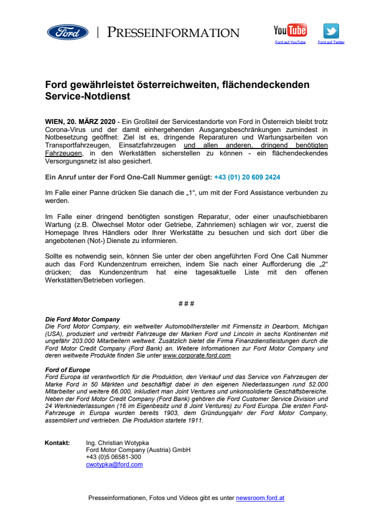 Ford gewährleistet österreichweiten, flächendeckenden Service-Notdienst 