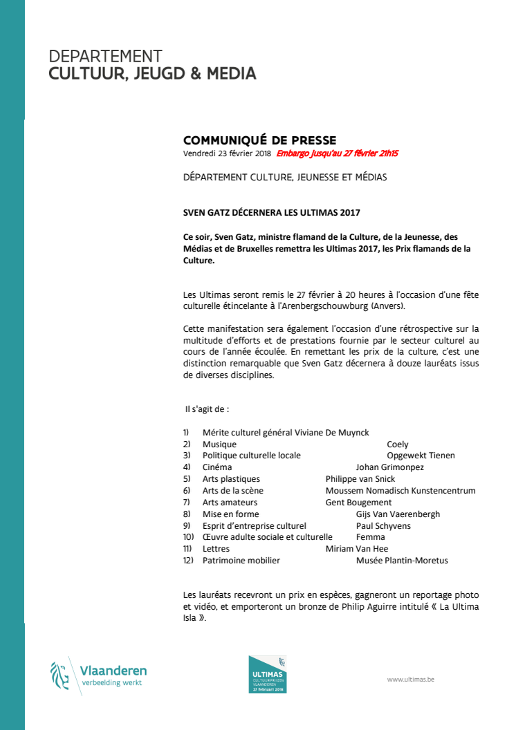 COMMUNIQUÉ DE PRESSE (embargo jusqu’au 27 février 21h15)