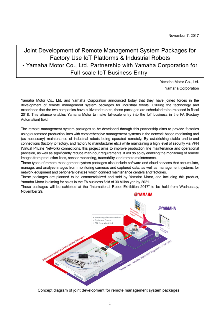 Joint Development of Remote Management System Packages for Factory Use IoT Platforms & Industrial Robots　- Yamaha Motor Co., Ltd. Partnership with Yamaha Corporation for Full-scale IoT Business Entry -