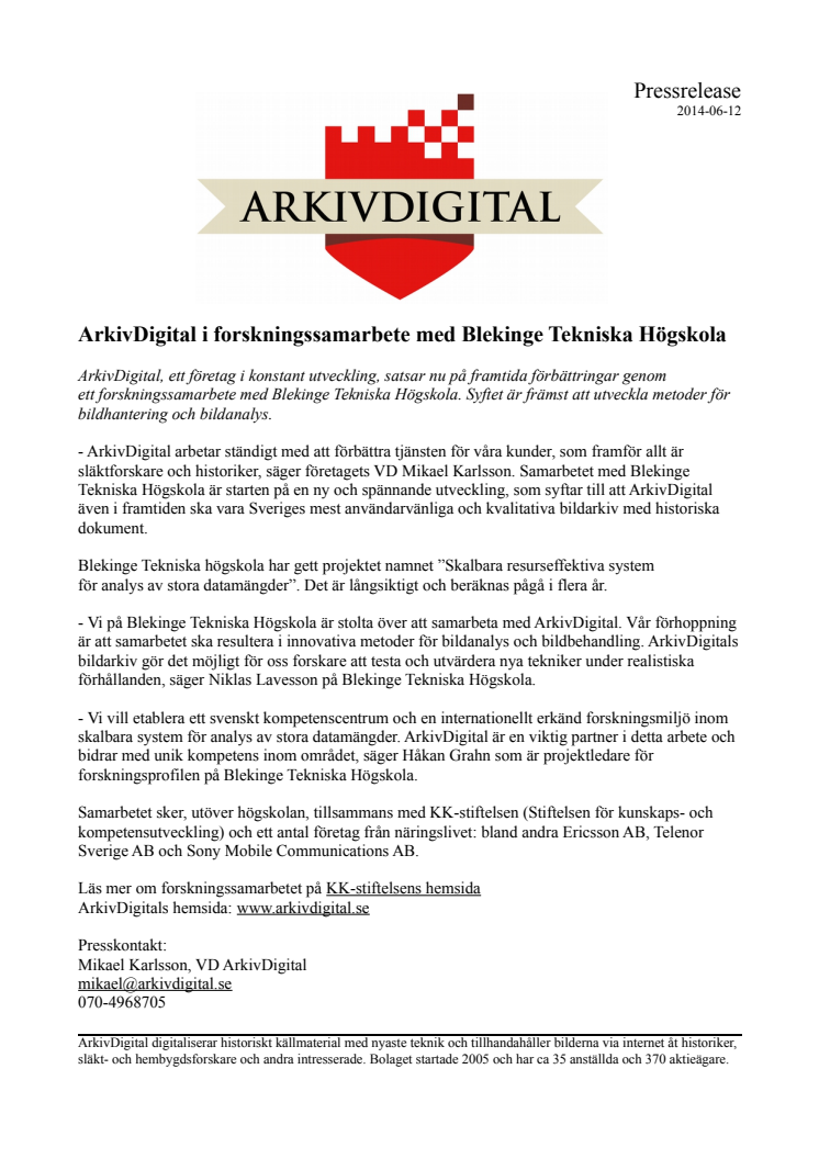 ArkivDigital i forskningssamarbete med Blekinge Tekniska Högskola