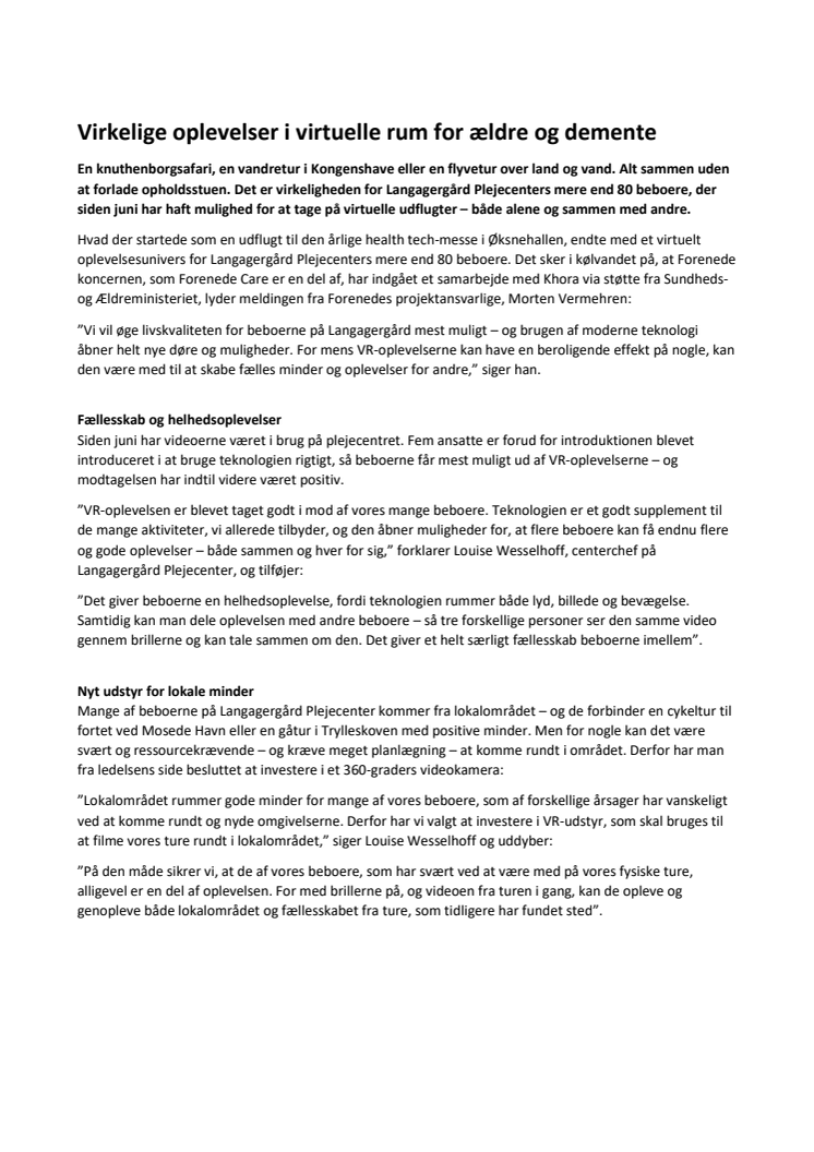 Virkelige oplevelser i virtuelle rum for ældre og demente