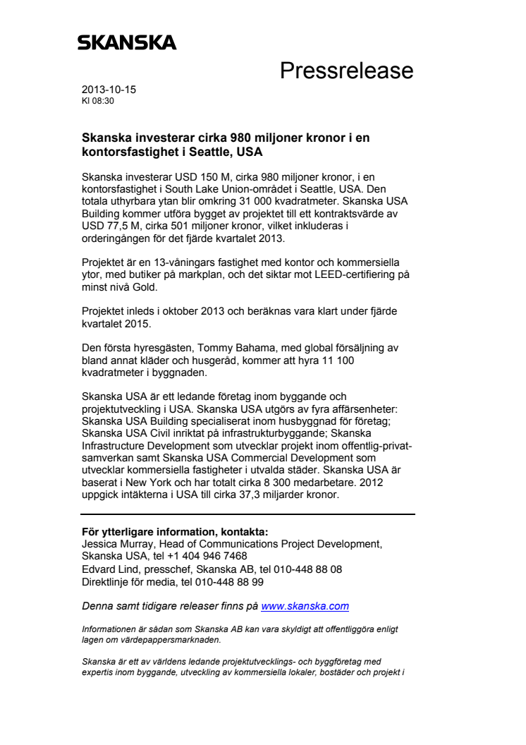 Skanska investerar cirka 980 miljoner kronor i en kontorsfastighet i Seattle, USA