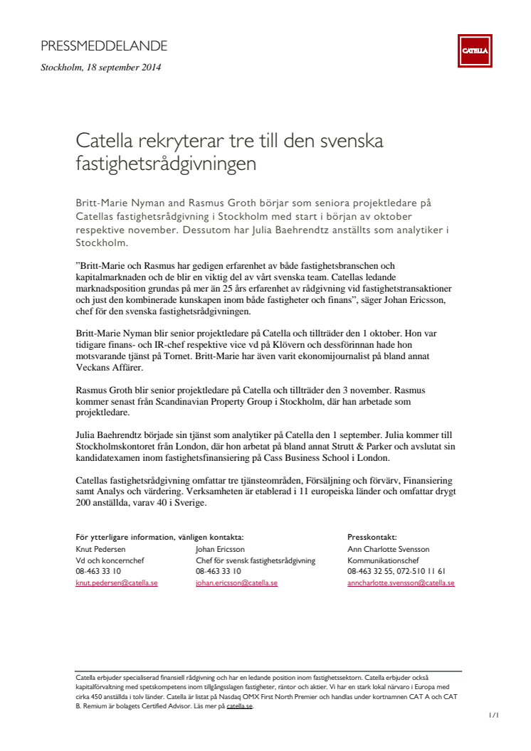 Catella rekryterar tre till den svenska fastighetsrådgivningen