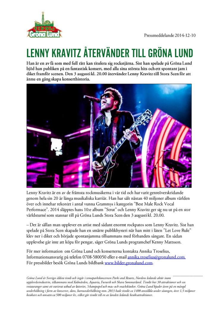 Lenny Kravitz återvänder till Gröna Lund