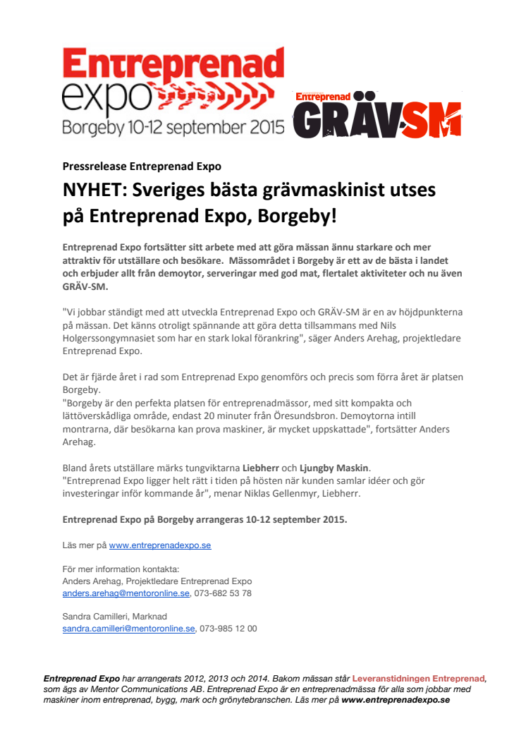 NYHET: Sveriges bästa grävmaskinist utses  på Entreprenad Expo, Borgeby!