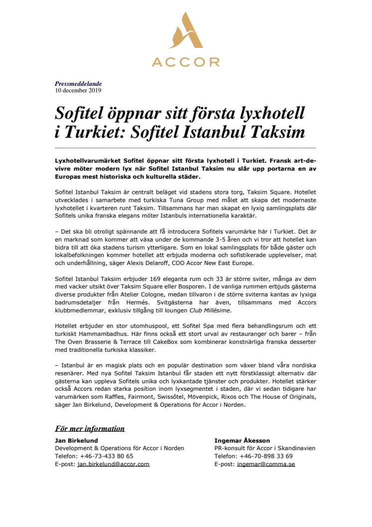 Sofitel öppnar sitt första lyxhotell  i Turkiet: Sofitel Istanbul Taksim
