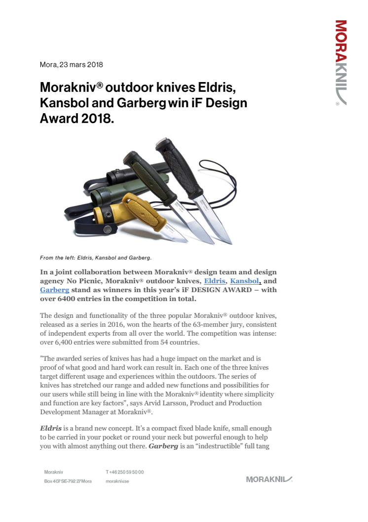 Morakniv® outdoor knives Eldris, Kansbol and Garberg win iF Design Award 2018.