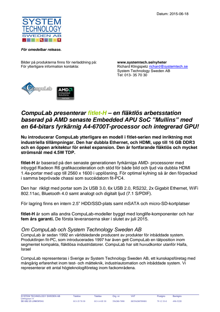Fläktlös arbetsstation med AMD Embedded APU SoC ”Mullins” 