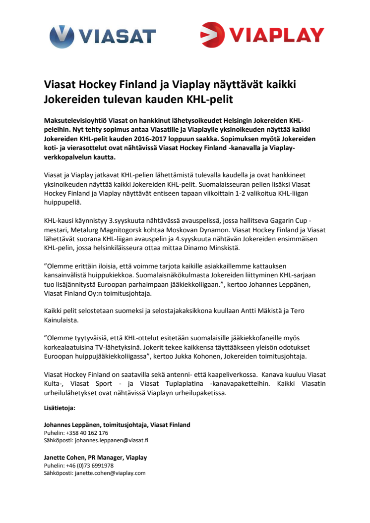 Viasat Hockey Finland ja Viaplay näyttävät kaikki Jokereiden tulevan kauden KHL-pelit