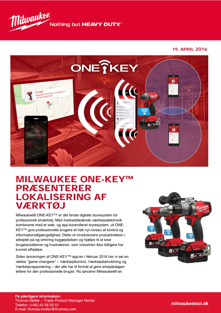 MILWAUKEE ONE-KEY™ PRÆSENTERER LOKALISERING AF  VÆRKTØJ