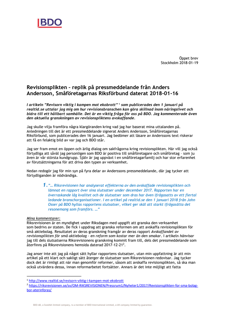 Revisionsplikten – replik på pressmeddelande från Anders Andersson, Småföretagarnas Riksförbund daterat 2018-01-16