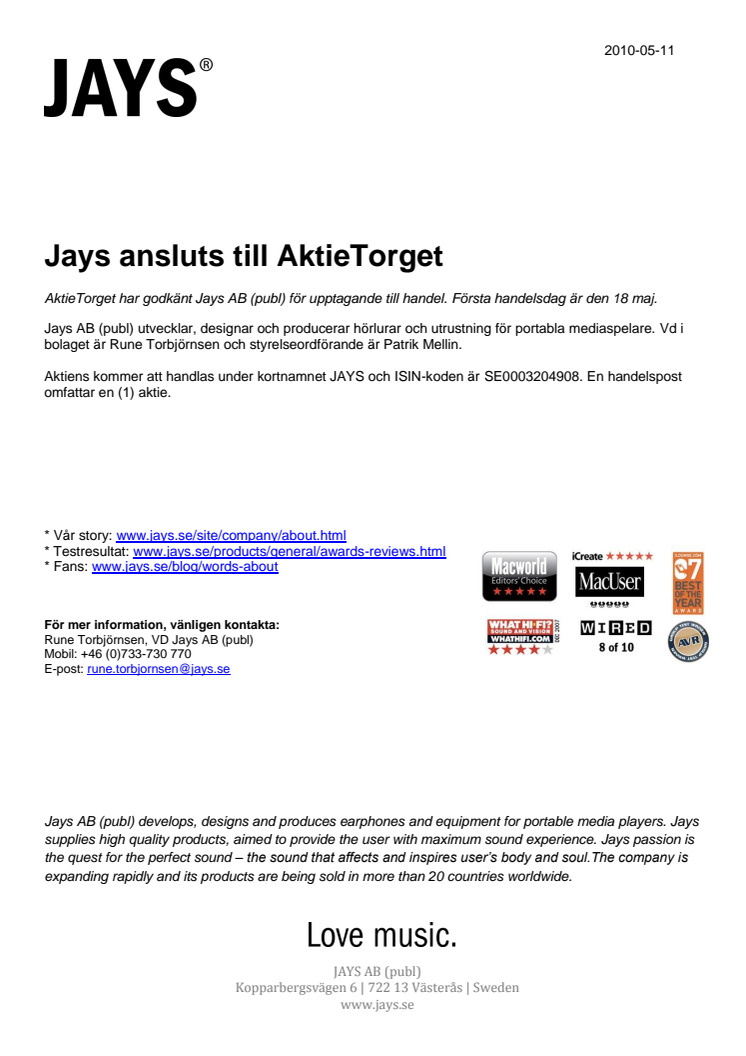 Jays ansluts till AktieTorget
