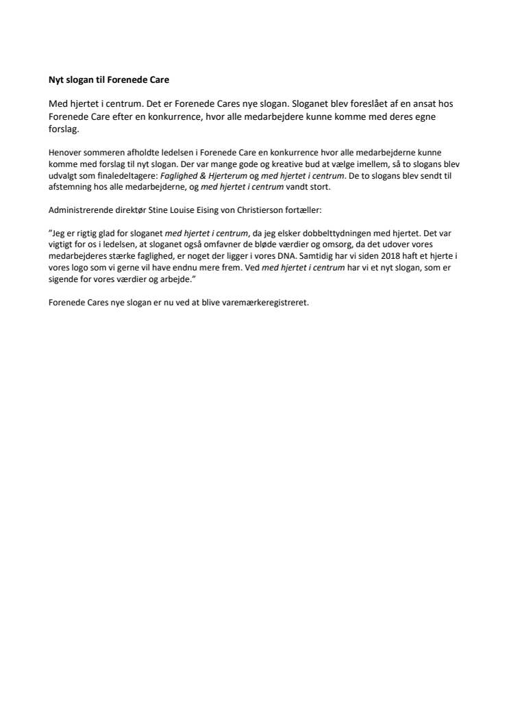 Nyt slogan til Forenede Care A/S