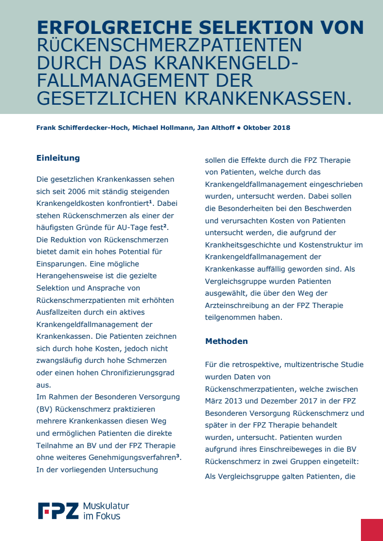 Handout zur Studie "Erfolgreiche Selektion von Rückenschmerzpatienten durch das Krankengeld-Fallmanagement der gesetzlichen Krankenkassen""