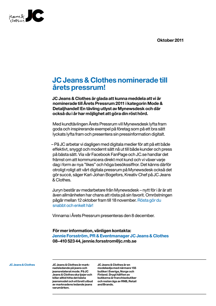 JC Jeans & Clothes nominerade till årets pressrum!