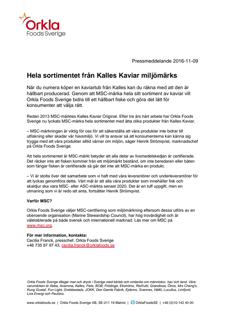 Hela sortimentet från Kalles Kaviar miljömärks 