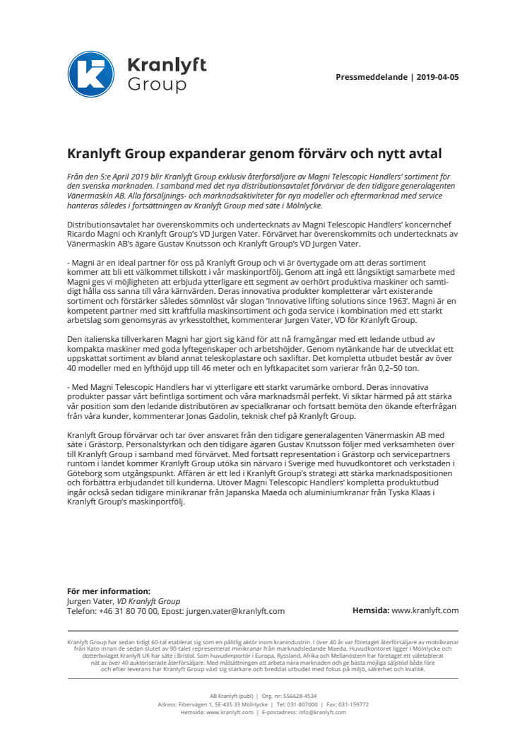 Kranlyft Group expanderar genom förvärv och nytt avtal