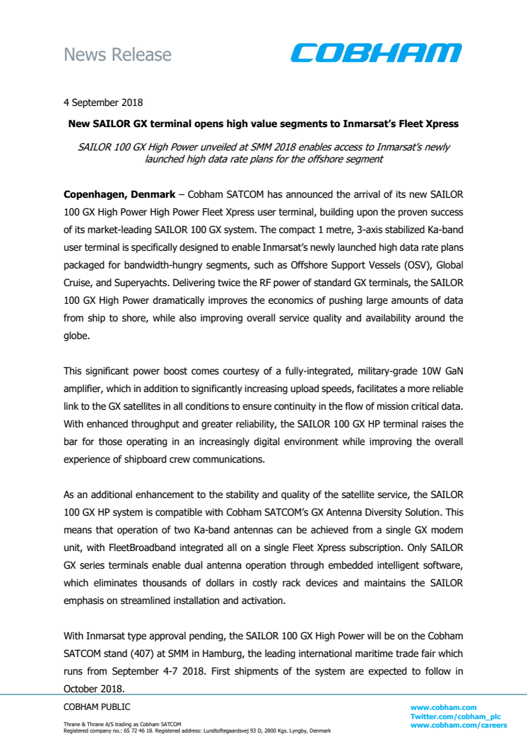 Cobham SATCOM - SMM 2018: New SAILOR GX terminal opens high value segments to Inmarsat’s Fleet Xpress 