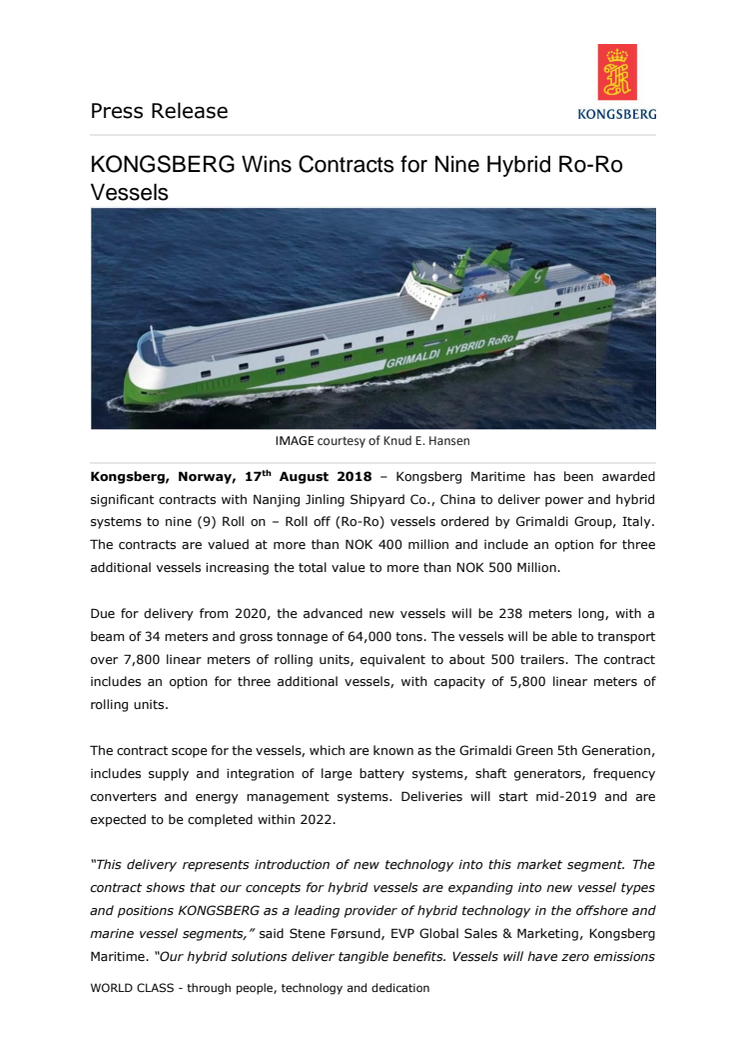 Kongsberg Maritime: KONGSBERG Wins Contracts for Nine Hybrid Ro-Ro Vessels