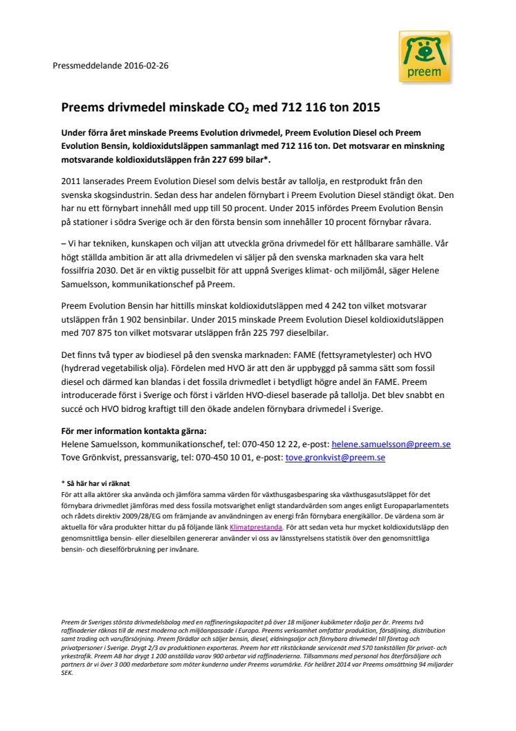 Preems drivmedel minskade CO2 med nästan 685 000 ton 2015