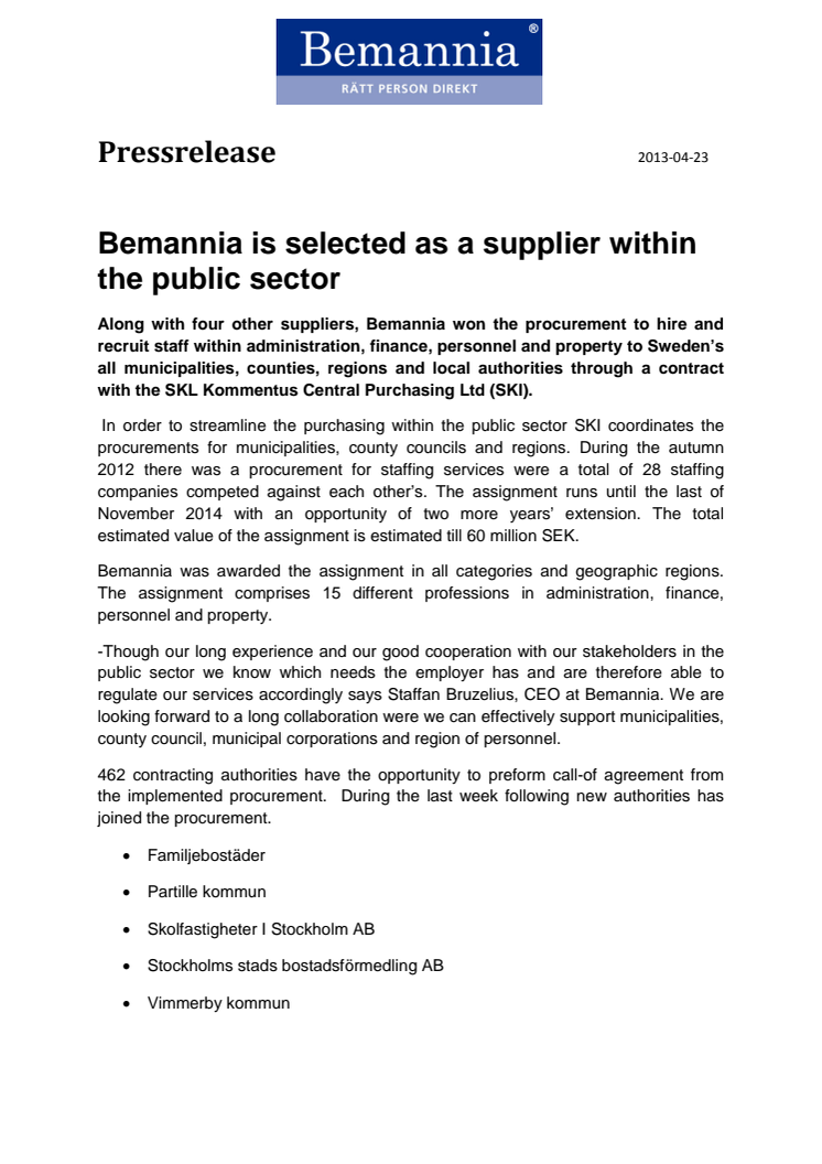 Bemannia is selected as a supplier within the public sector